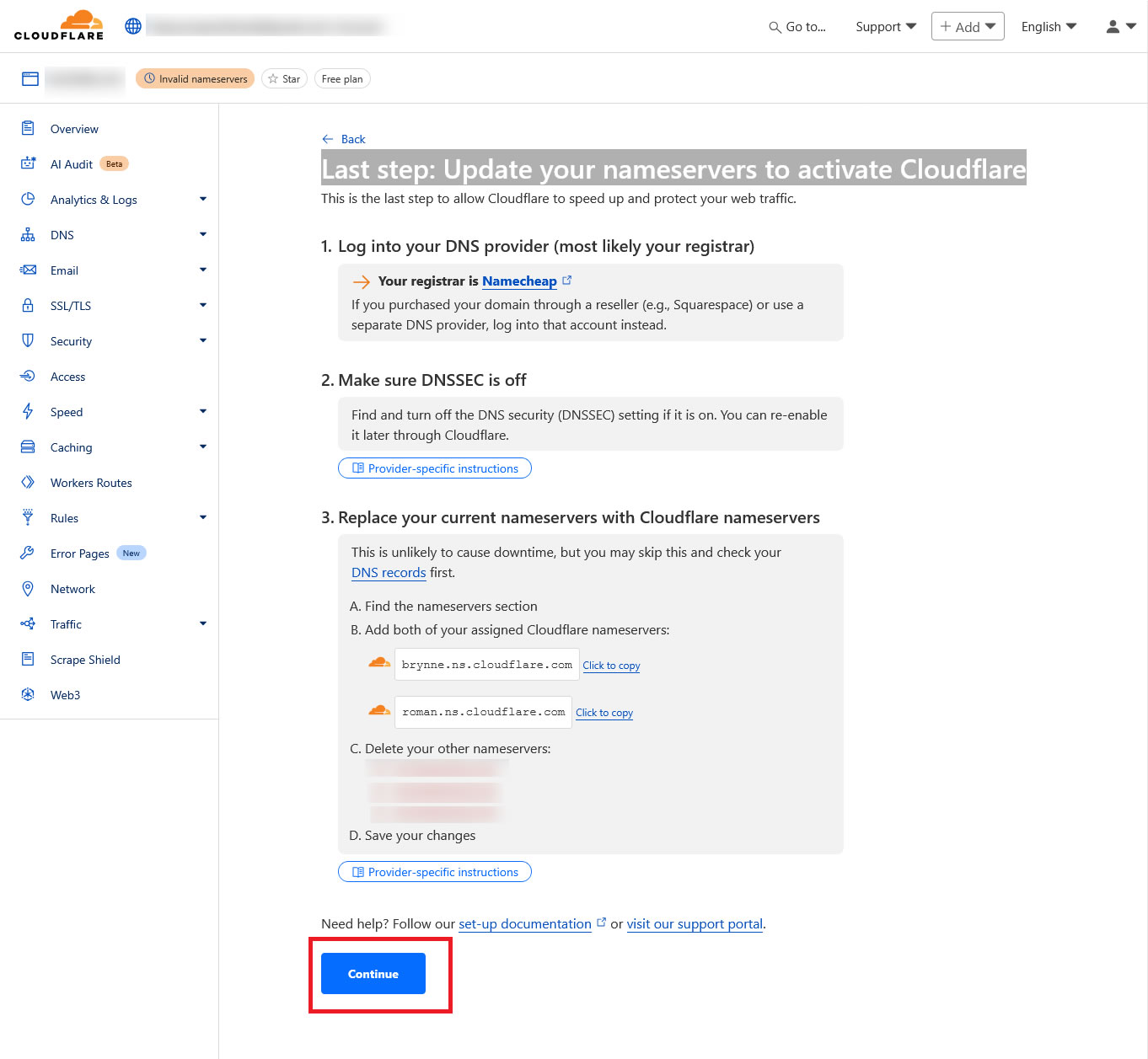 Cloudflare - change NAMESERVERS