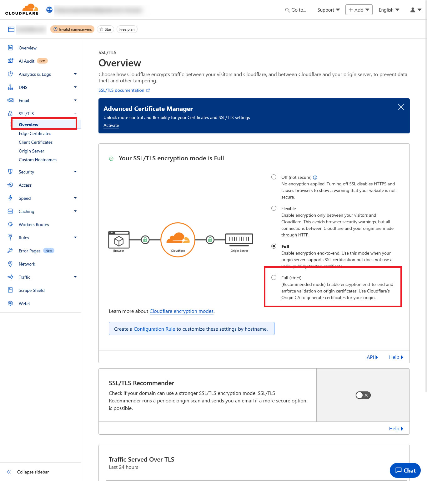 Cloudflare select Full (strict) mode